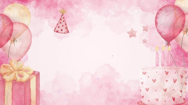 Happy Birthday wishing a greeting animation video. Pink birthday background with cake, balloons, gift and party hat