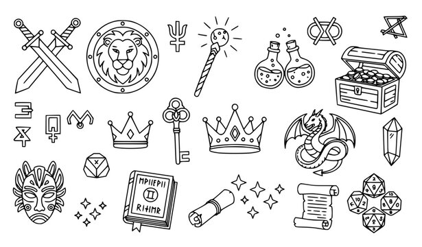 Fantasy archetypal symbols black white vector bundle with roleplay outline illustrations