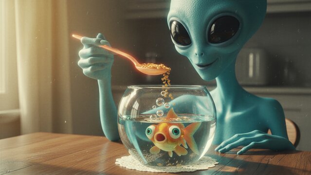 Alien feeding a goldfish in a bowl. Extraterrestrial character interacting with domestic pet in a home kitchen. Science fiction scene depicting curiosity and nature of outer space being.