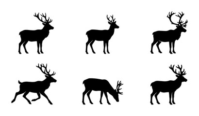 Fototapeta premium Deer Silhouettes Collection, Majestic Antlered Wildlife Icons, Forest Animal Vector Graphics