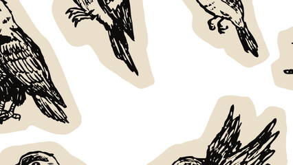 Fototapeta premium Bird sketch set, hand drawn avian collection with hummingbird woodpecker sparrow flying perched poses. Wildlife animal doodle on beige background