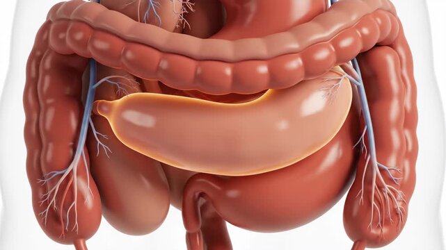 Anatomical animation of a glowing pancreas in the abdominal area