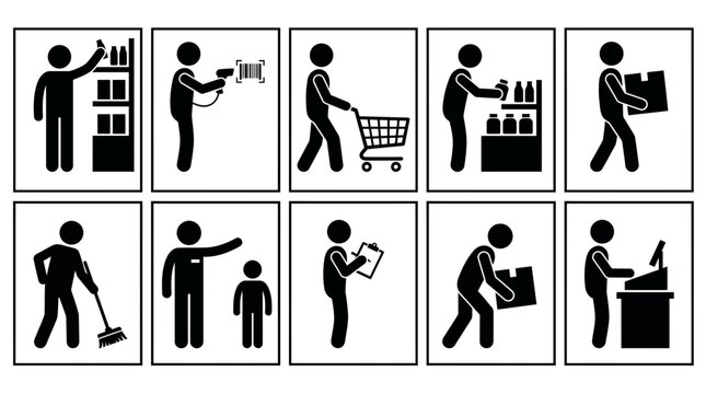 Set of icons representing supermarket staff and customer activities
