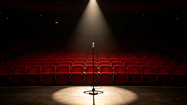 receding. An empty auditorium stage with a solitary microphone under a spotlight. event programs, museum guides, designed for cultural heritage projects and event programs, supports education.