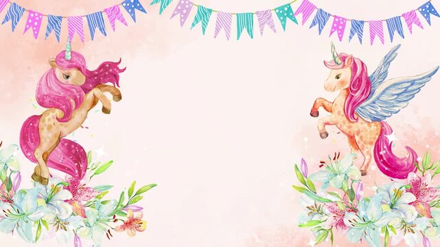 Happy Birthday wishing a greeting animation video. A whimsical border featuring a unicorn, teddy bear, flowers, and colorful bunting