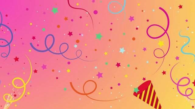 Happy Birthday wishing a greeting animation video. Vibrant party background with confetti, stars, and ribbons