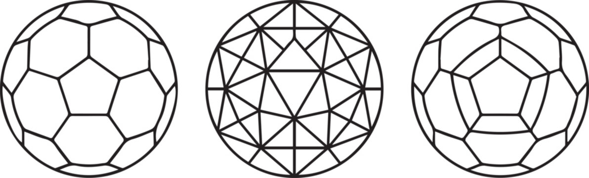 Geometric spheres buckminster fullerene icosahedron and truncated icosahedron line art