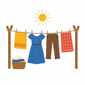 Cartoon laundry hanging on a clothesline with sun.