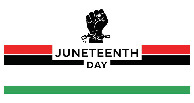 Juneteenth Day fist with broken chains against red black green flag concept for freedom and equality