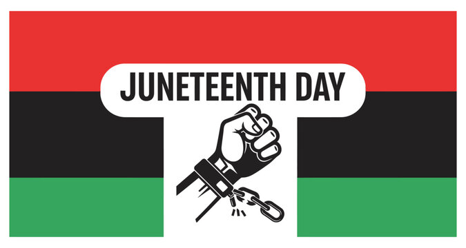 Juneteenth Day flag with raised fist breaking chains symbolizing freedom and emancipation