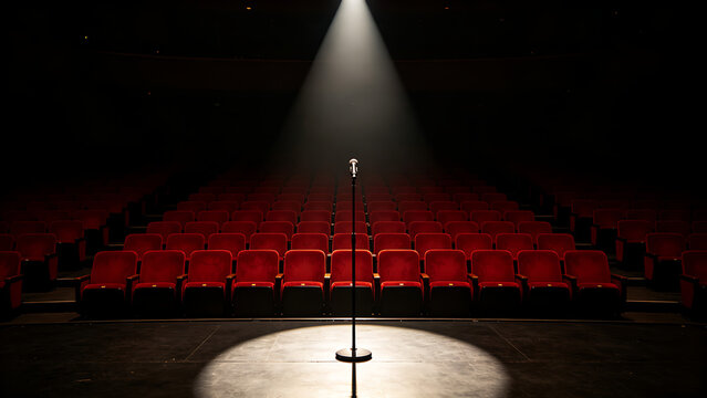 receding. An empty auditorium stage with a solitary microphone under a spotlight. event programs, museum guides, designed for cultural heritage projects and event programs, supports education.