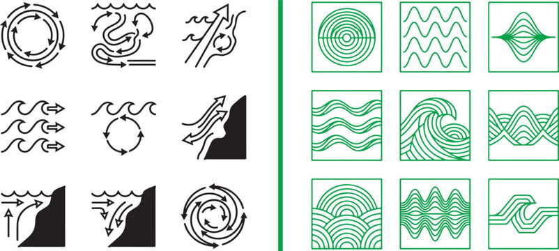 Ocean current and wave pattern vector icon set with arrows and geometric line art for scientific and environmental design
