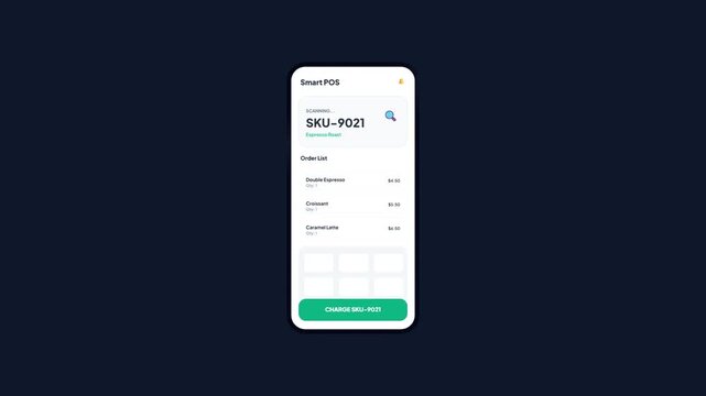 Point of Sale Cashier Mobile App Interface Animation Showing Product SKU Barcode Scanning Order Registry