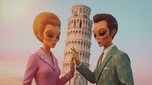 Alien woman and alien man in formal wear standing in front of leaning tower. Extraterrestrial couple visit famous travel landmark. Science fiction theme, paranormal sightseeing adventure.