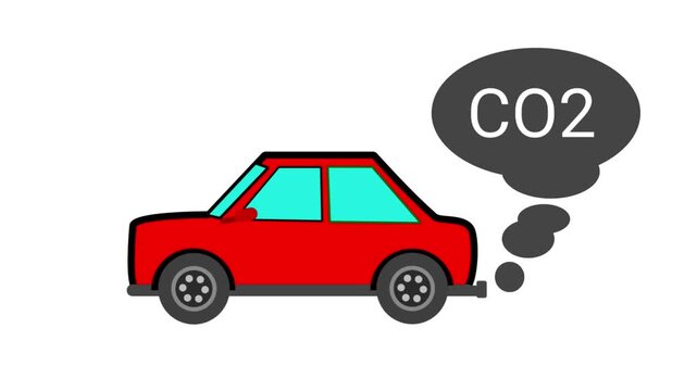 A red cartoon car emitting dark CO2 smoke puffs from its exhaust pipe on a white background.