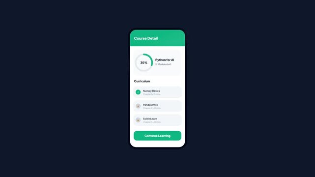 Online E-Learning Education Mobile App Interface Animation Showing Artificial Intelligence Python Coding Course Lesson Progress Dashboard