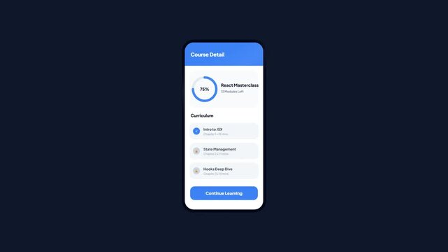 Online E-Learning Education Mobile App Interface Animation Showing React Masterclass Programming Course Lesson Progress Dashboard