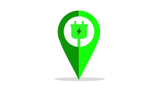 Electric vehicle charging station map pointer icon appears and scales on white and green screen backgrounds.