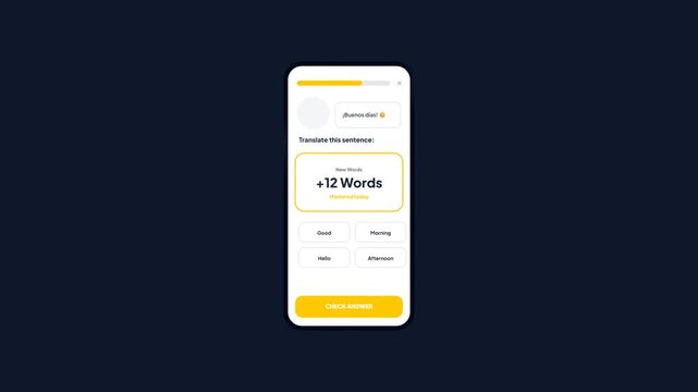 Language Learning Mobile App Interface Animation Showing New Mastered Vocabulary Words Counter Achievement