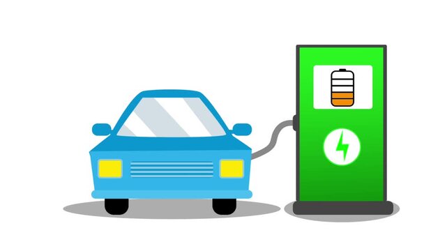 A blue cartoon electric car replenishing its battery at a green charging station on a white background.