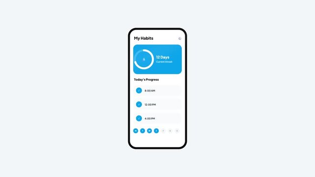 Wellness Habit Tracker Mobile App Interface Animation Dashboard Showing Daily Water Hydration Reminder Check List Done