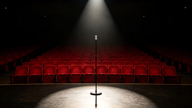 receding. An empty auditorium stage with a solitary microphone under a spotlight. event programs, museum guides, designed for cultural heritage projects and event programs, supports education.