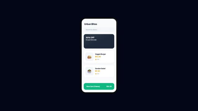 Online Food Ordering Mobile App Interface Animation Dashboard Showing Restaurant Discount Promo and Menu List Items