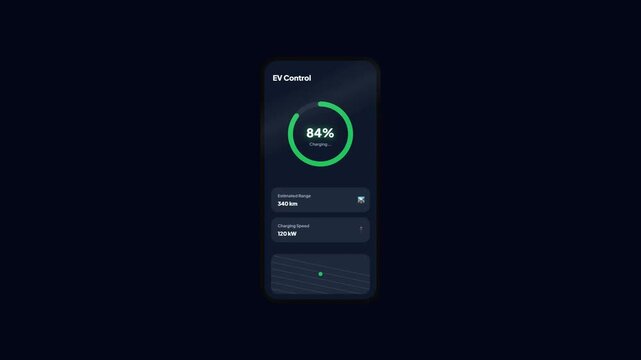 Electric Vehicle Control Mobile App Interface Animation Showing Active Battery Charging Status Percentage
