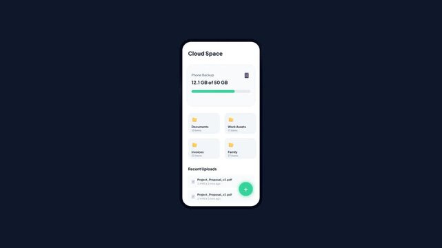 Cloud Space Phone Backup Storage Mobile App Interface Animation Showing Active Device Sync Capacity