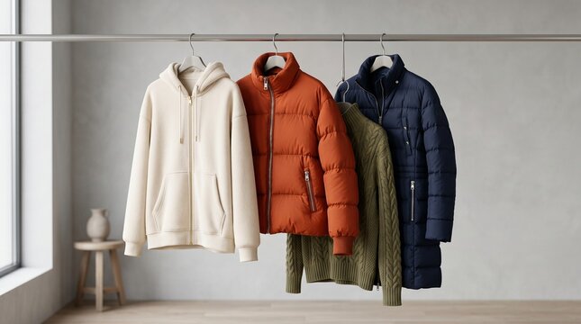 A premium selection of high-end winter outerwear hanging on a sleek metallic rail, featuring a cream zip-up fleece hoodie, an orange puffer jacket, an olive green cable-knit sweater, and a navy blue l