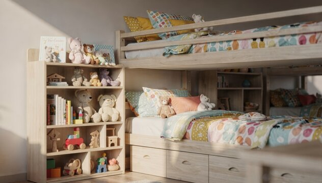 Focused medium shot of childrens bunkhouse dorm room showing colorful bedding on stacked bunks and cubbies for toys with the rest of the room softly out of focus.