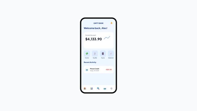 Mobile Banking App Interface Animation Showing Phone Credit Mobile Top Up and Updated Account Balance