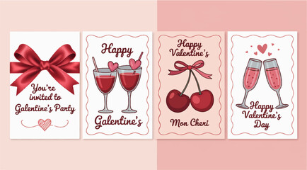 Naklejka premium Valentine's Day & Galentine's Day Card Designs: A collection of charming card designs featuring romantic and celebratory elements like a red bow, cocktails, cherries, and champagne glasses.