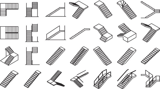 Collection of architectural drawing schematics showcasing various types of stairs and escalators, including straight, spiral, L-shaped, and U-shaped designs, rendered in a clean.