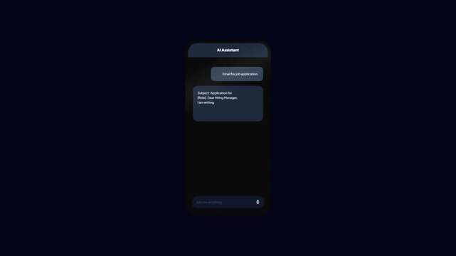 AI Assistant Interface Mobile Animation for Job Application Email Query with Purple Glowing Outline Border