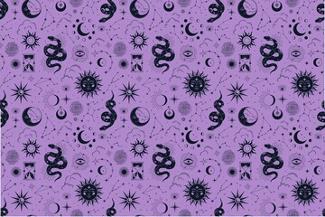 Purple celestial pattern with black moon and sun designs © Iqra
