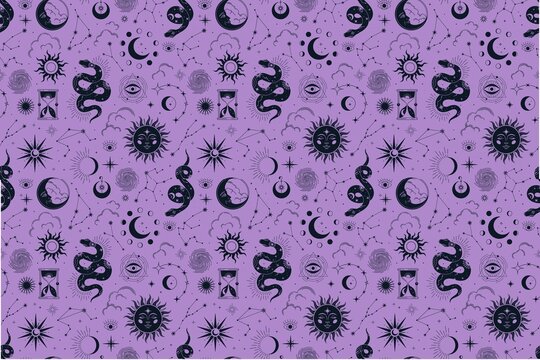 Purple celestial pattern with black moon and sun designs
