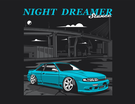 90s car illustration with urban night scene vector graphic artwork