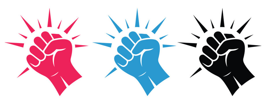 Fist hitting outline, knocking fist icon set illustration, red blue and black variations, hand knocking gesture with impact sign, flat vector style isolated on white background, 