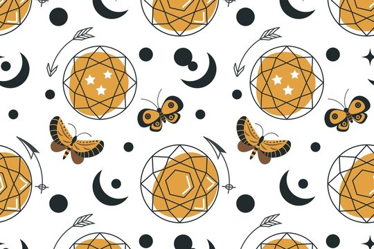Dreamcatcher pattern with butterflies and moon phases on white background