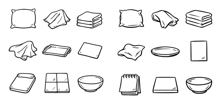 Household and kitchen concept icons with pillow, cloth, tray and bowl for infographic design in hand drawn illustration