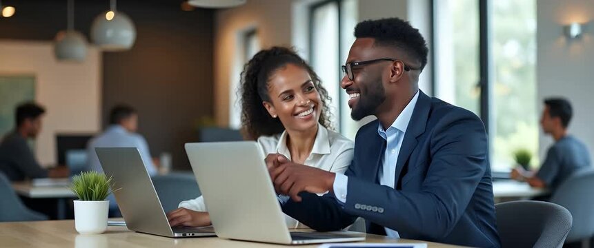 Portrait of professional young happy African business man IT developer works with colleague in office two diverse employees team use laptops and computer technology at work concept as Professional you