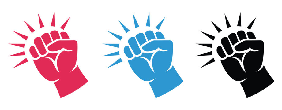 Fist hitting outline, knocking fist icon set illustration, red blue and black variations, knock human hand performing knocking gesture with impact effect, flat style isolated on white 