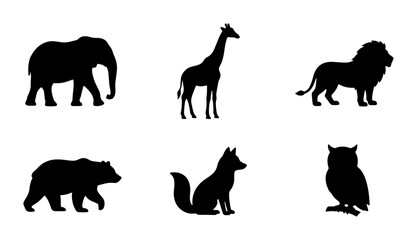 Fototapeta premium African Wildlife Silhouette Icons: Elephant, Giraffe, Lion, Bear, Fox, Owl Vector Set