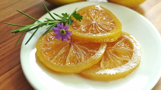 Sliced ​​lemons pickled in honey.