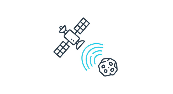 Satellite transmitting signal to asteroid, space exploration, science and technology icon