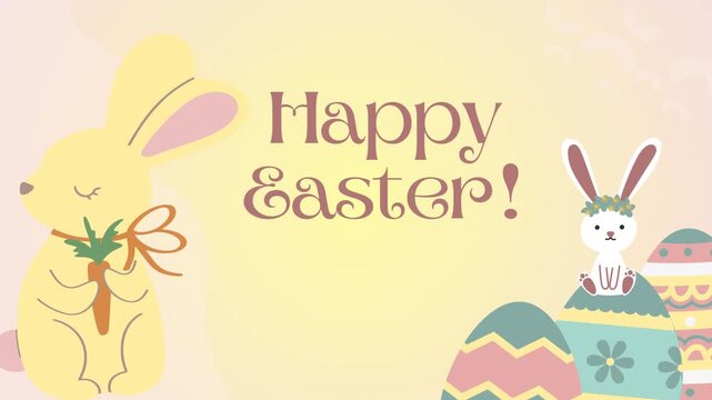Animated happy easter day greeting with colorful decorated eggs and foliage. Two cute bunnies with Easter eggs and a carrot