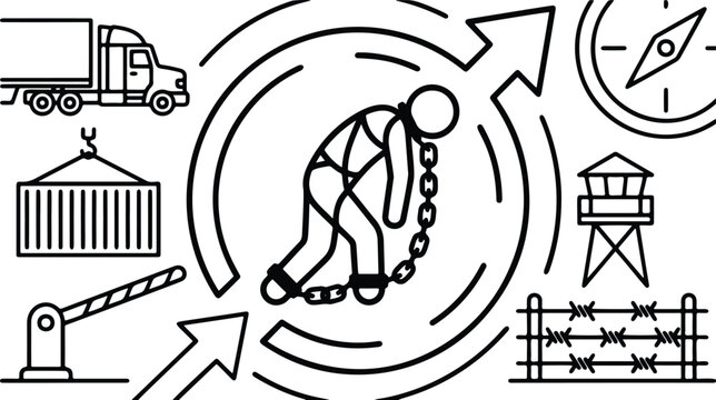 Human trafficking and forced labor concept in global supply chain logistics, line art icons representing modern slavery