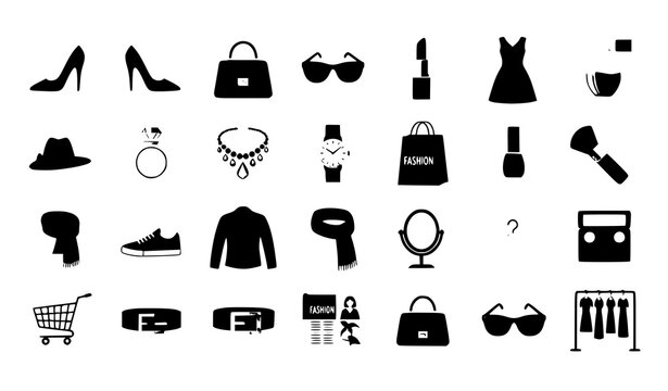 Black silhouette fashion icons set clothing accessories and shopping elements