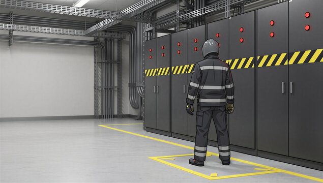 Detailed illustration electrician maintaining safe distance from energized equipment behind safety training